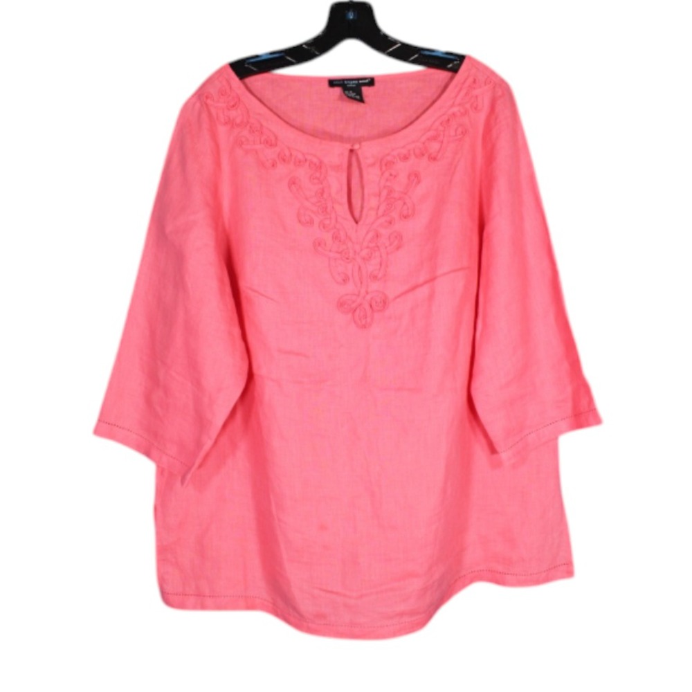 SAINT TROPEZ WEST Midweight LINEN Button EYELET TRIM Lagenloook BLOUSE/TOP 1X